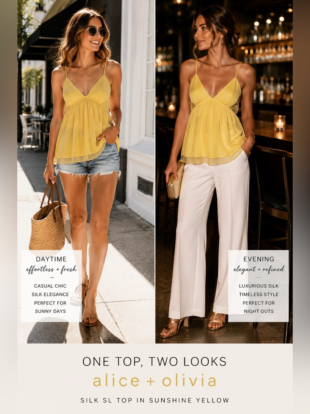 Alice + Olivia yellow babydoll silk blouse camisole spaghetti strap V-neck L